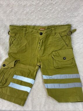 Galliano Chartreuse Cargo Shorts with Silver Reflective Stripes
